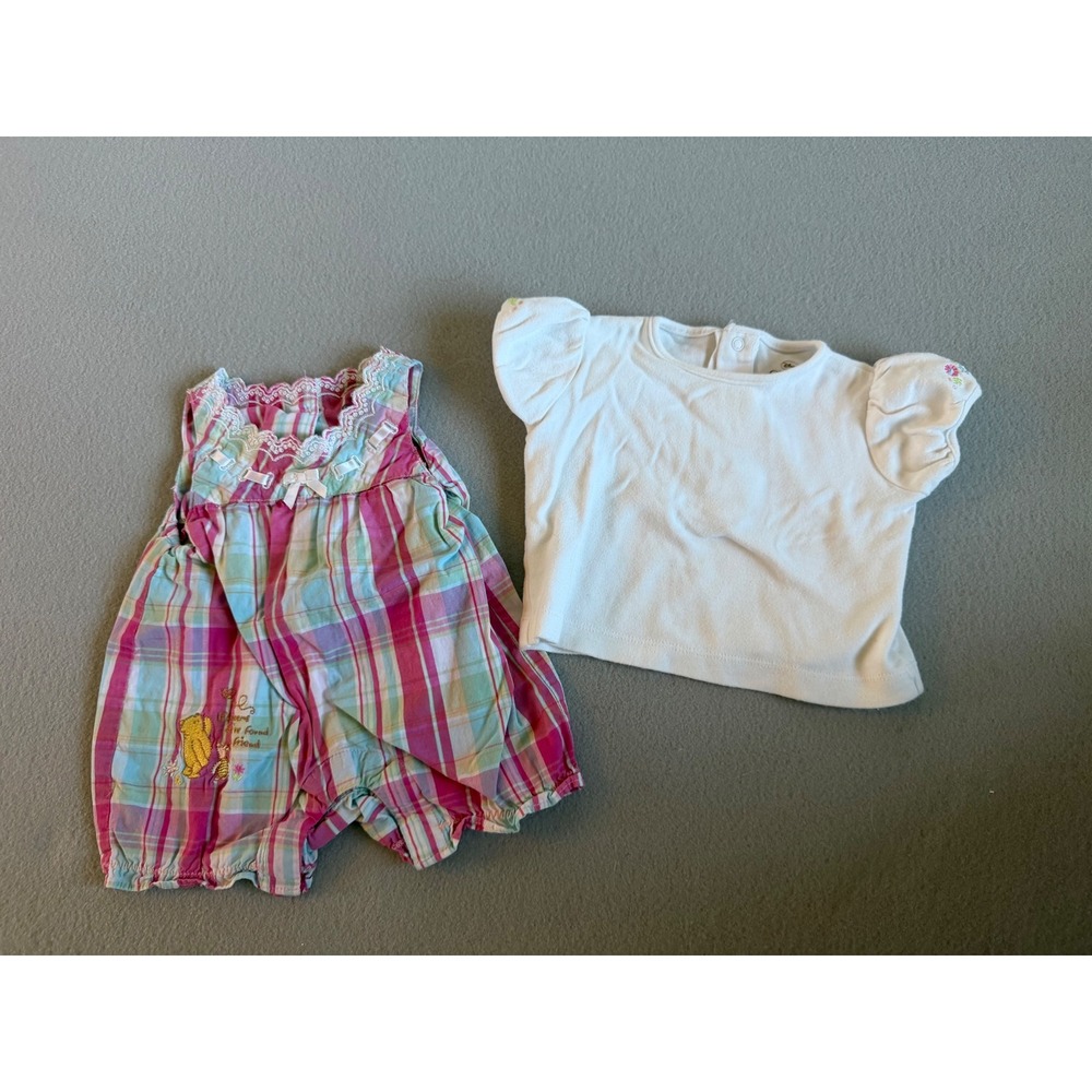 Classic Pooh Baby Girl Plaid Romper and White Floral Shirt Set 3-6 Months